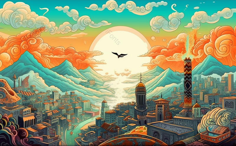 工业现代化山峰夕阳鸟群飞翔春天夏天国潮城市插画,插画/手绘图,插画/手绘图库,插画/手绘图下载,插画/手绘
